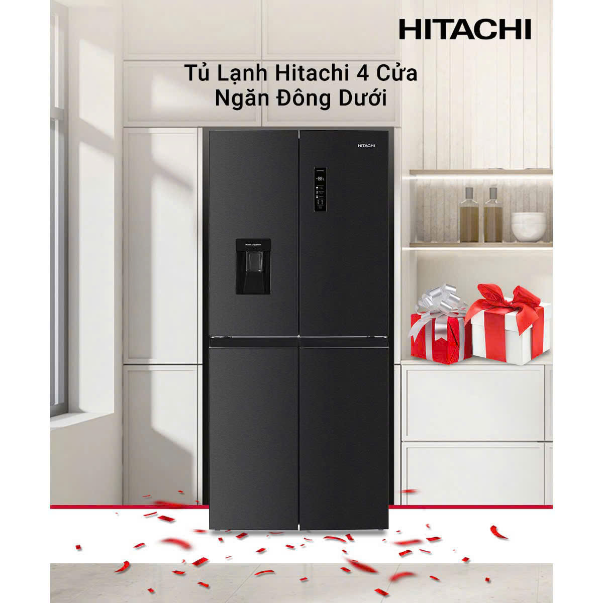 Tủ lạnh Hitachi 4 cánh inveter có lấy nước bên ngoài